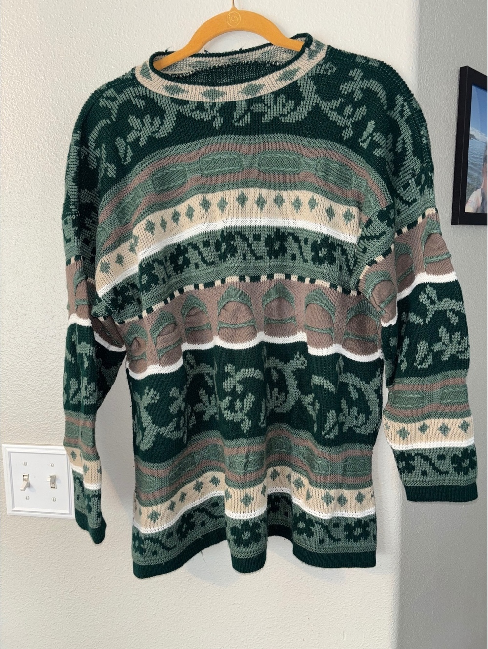 Vintage 90s Coogi Style Textured Knit Grandpa Sweater - Green Abstract - Lg